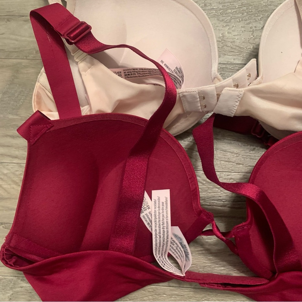 Victoria Secret 2 Satin Bombshell Plunge Bras Rhinestone Logo Strap - Picture 11 of 15